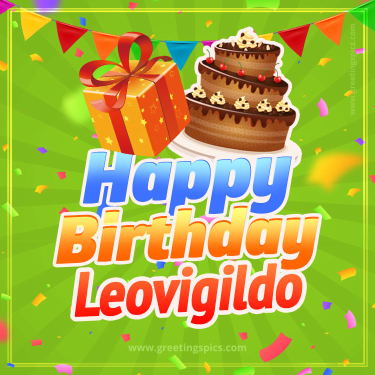 Happy Birthday Leovigildo picture with flags, chocolate cake and gift box (square shape image)