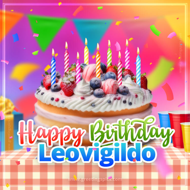 Happy Birthday Leovigildo Colorful Image with fruit cake and candles (square shape image)