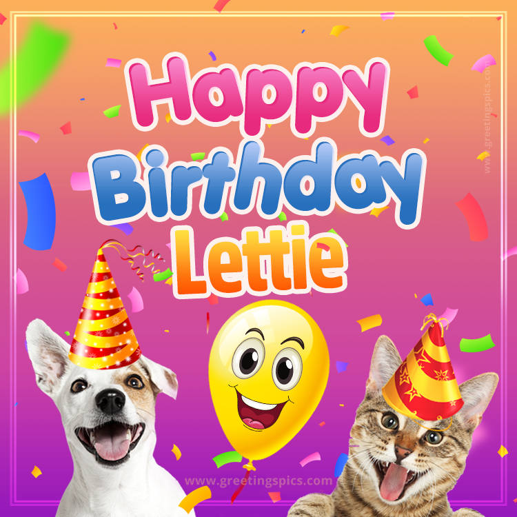 Happy Birthday Lettie Funny Image with cat and dog (square shape image)