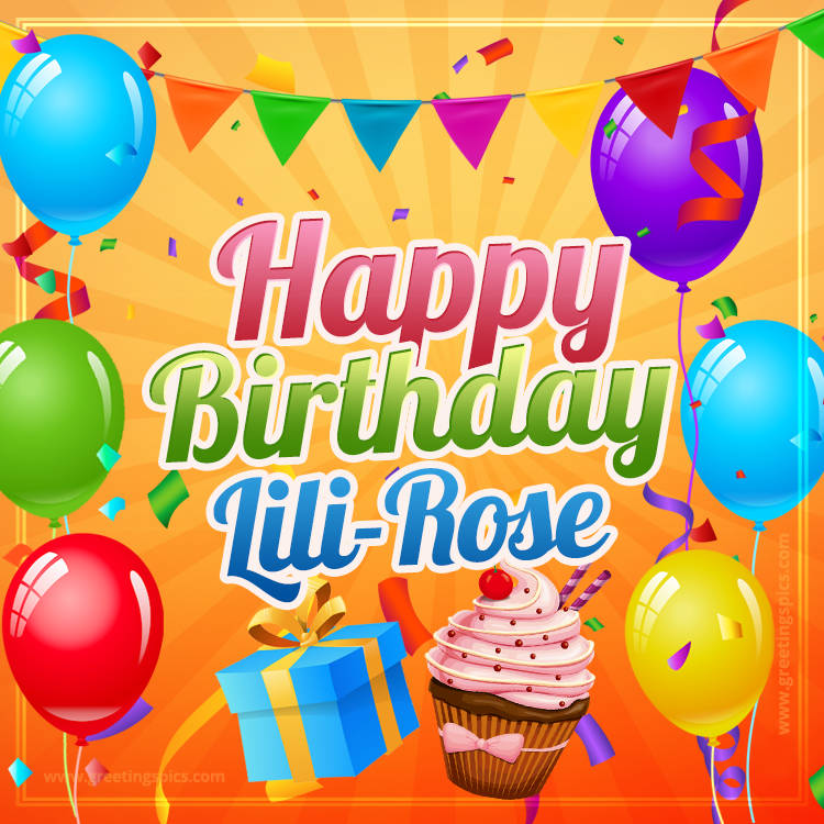 Happy Birthday Lili-Rose eCard with gift box and cupcake (square shape image)