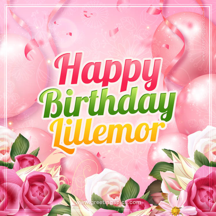 Image with gentle pink background and flowers Happy Birthday Lillemor (square shape image)