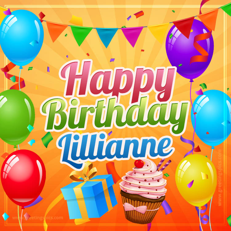 Happy Birthday Lillianne eCard with gift box and cupcake (square shape image)