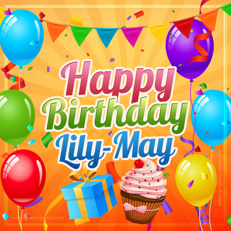 Happy Birthday Lily-May eCard with gift box and cupcake (square shape image)