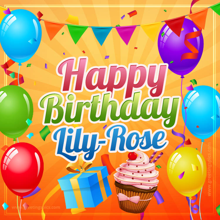 Happy Birthday Lily-Rose eCard with gift box and cupcake (square shape image)