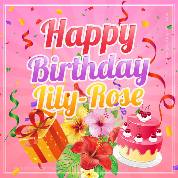 Beautiful Birthday Card for Lily-Rose with Cake and bouquet of flowers (square shape image)