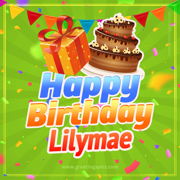 Happy Birthday Lilymae picture with flags, chocolate cake and gift box (square shape image)