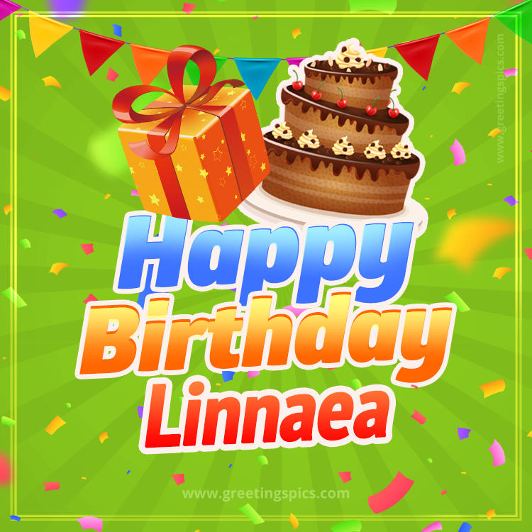 Happy Birthday Linnaea picture with flags, chocolate cake and gift box (square shape image)