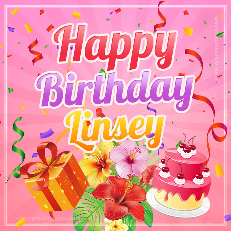 Beautiful Birthday Card for Linsey with Cake and bouquet of flowers (square shape image)