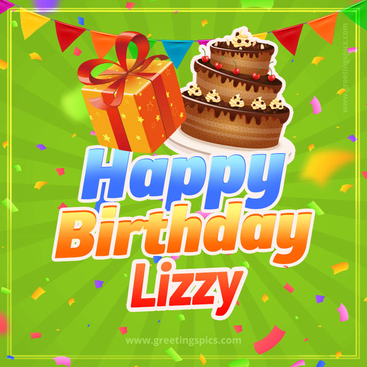 Happy Birthday Lizzy picture with flags, chocolate cake and gift box (square shape image)