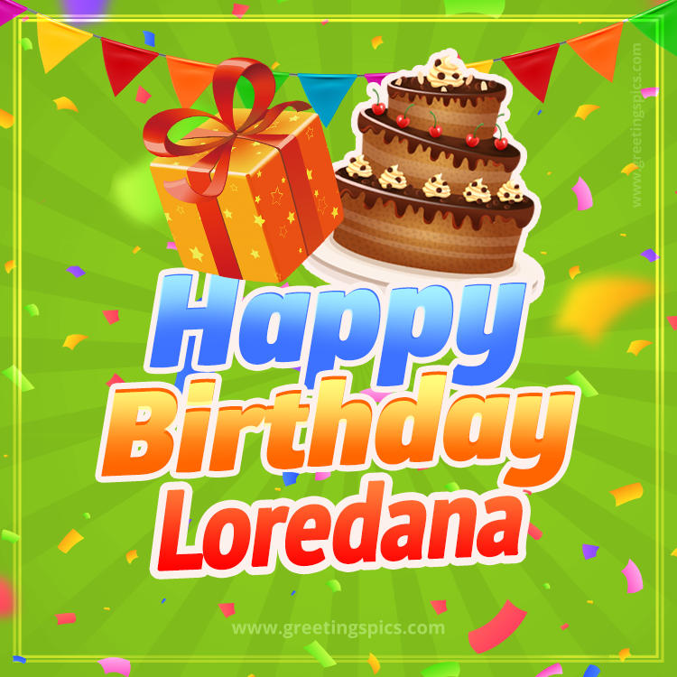 Happy Birthday Loredana picture with flags, chocolate cake and gift box (square shape image)