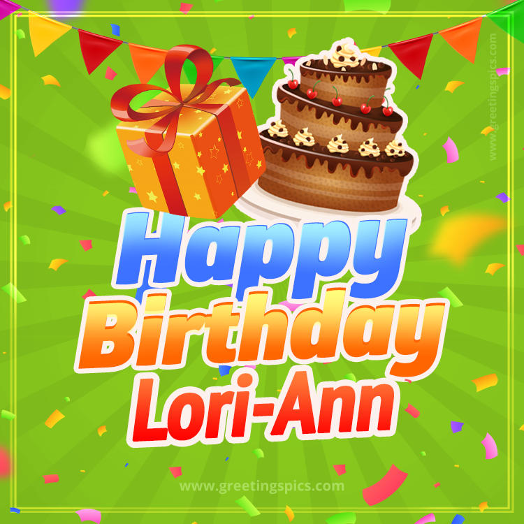 Happy Birthday Lori-Ann picture with flags, chocolate cake and gift box (square shape image)