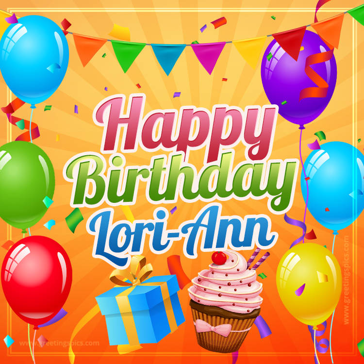 Happy Birthday Lori-Ann eCard with gift box and cupcake (square shape image)