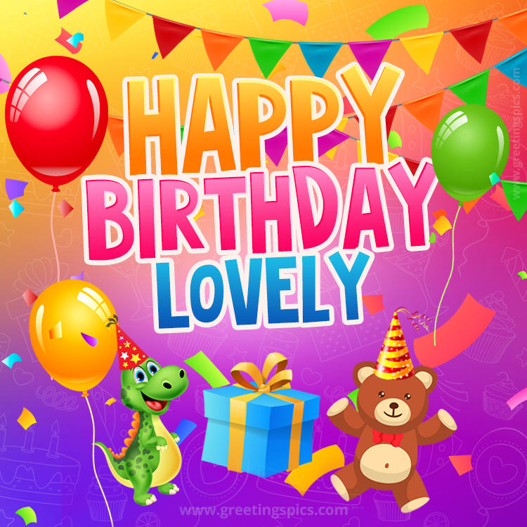 Happy Birthday Lovely Image for a child with cute dinosaur and bear (square shape image)