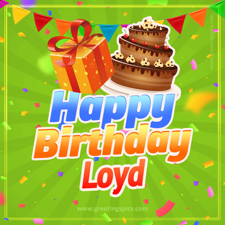 Happy Birthday Loyd picture with flags, chocolate cake and gift box (square shape image)