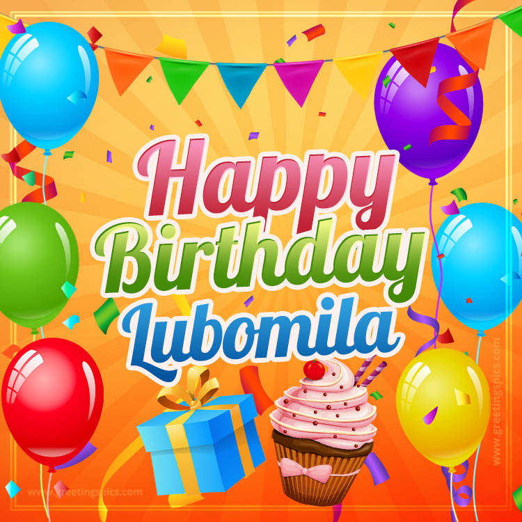 Happy Birthday Lubomila eCard with gift box and cupcake (square shape image)