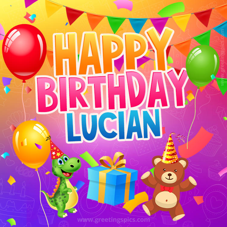 Happy Birthday Lucian Image for a child with cute baby dinosaur and bear (square shape image)