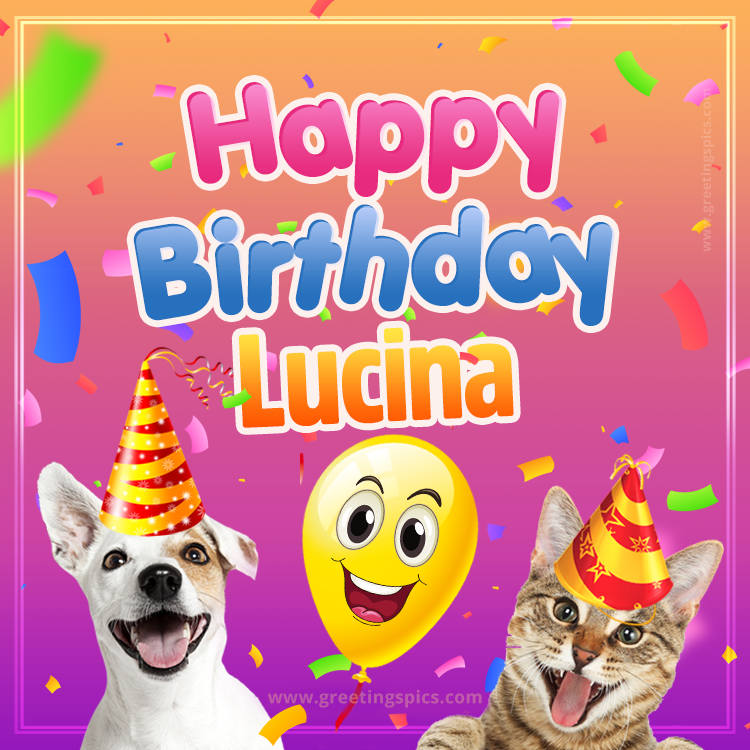 Happy Birthday Lucina Funny Image with cat and dog (square shape image)