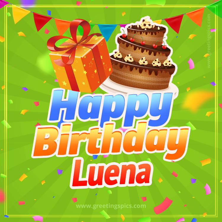 Happy Birthday Luena picture with flags, chocolate cake and gift box (square shape image)