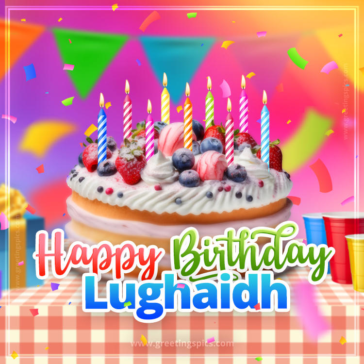 Happy Birthday Lughaidh Colorful Image with fruit cake and candles (square shape image)