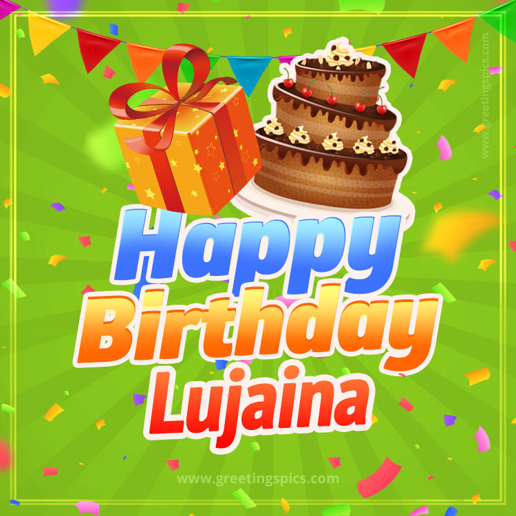 Happy Birthday Lujaina picture with flags, chocolate cake and gift box (square shape image)