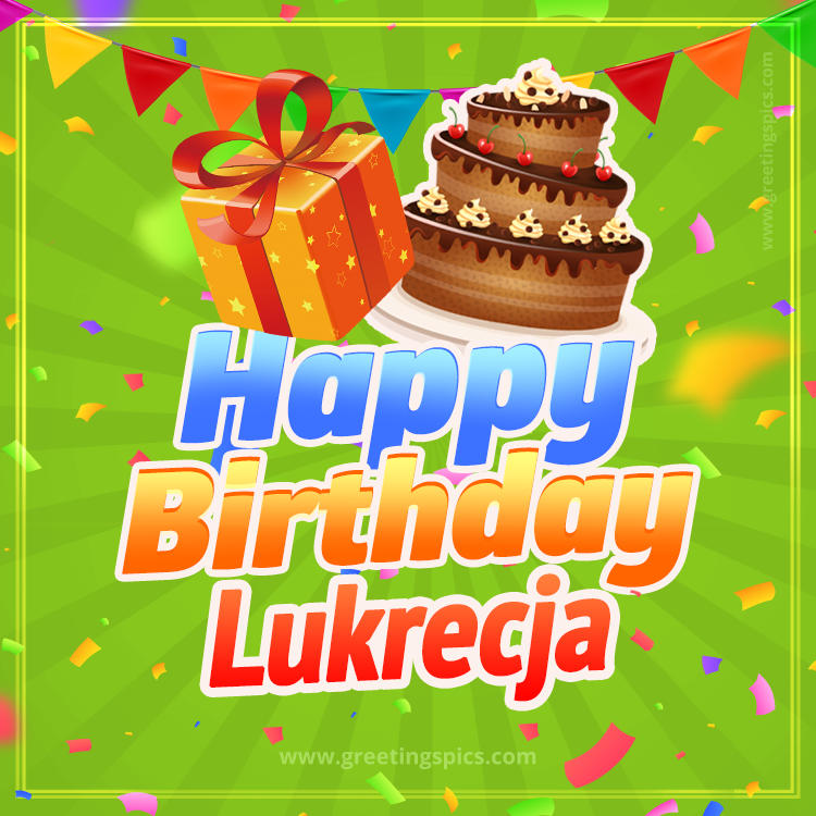 Happy Birthday Lukrecja picture with flags, chocolate cake and gift box (square shape image)