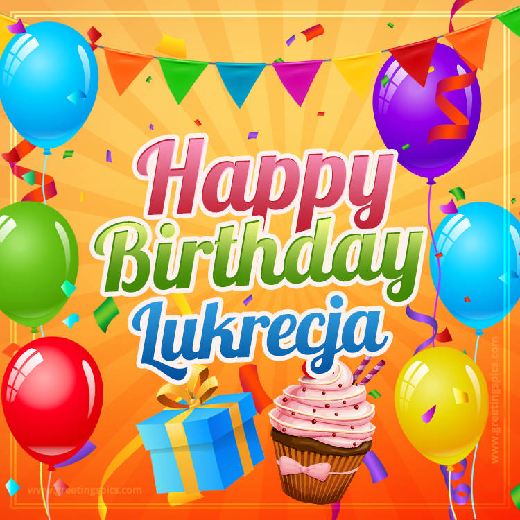 Happy Birthday Lukrecja eCard with gift box and cupcake (square shape image)