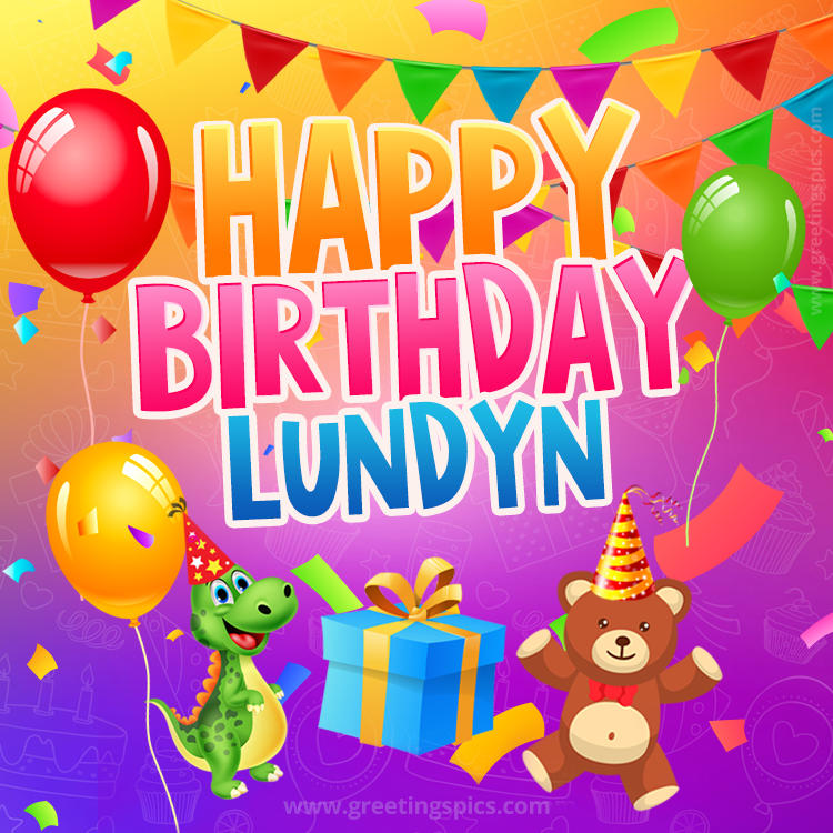 Happy Birthday Lundyn Image for a child with cute dinosaur and bear (square shape image)