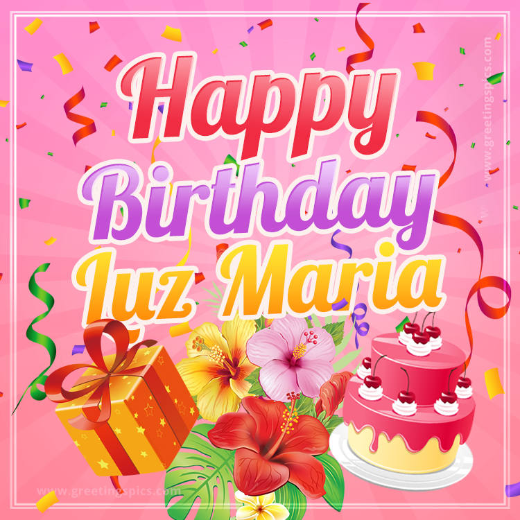 Beautiful Birthday Card for Luz Maria with Cake and bouquet of flowers (square shape image)