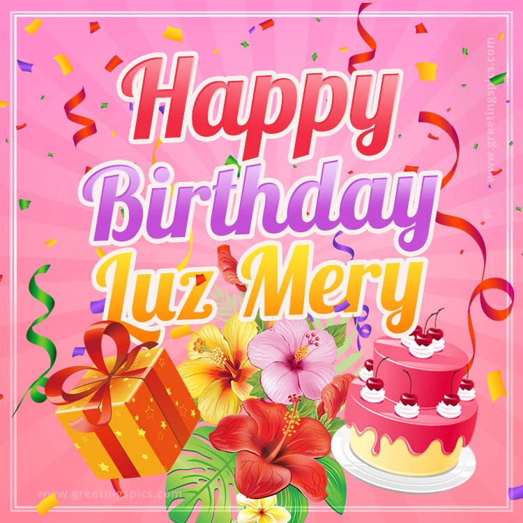 Beautiful Birthday Card for Luz Mery with Cake and bouquet of flowers (square shape image)