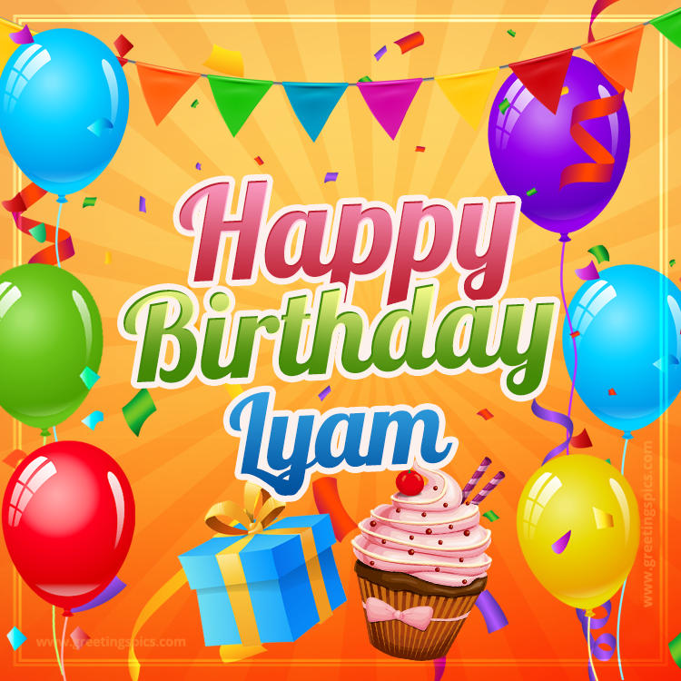 Happy Birthday Lyam eCard with gift box and cupcake (square shape image)