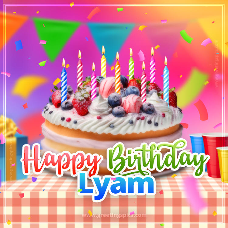 Happy Birthday Lyam Colorful Image with fruit cake and candles (square shape image)