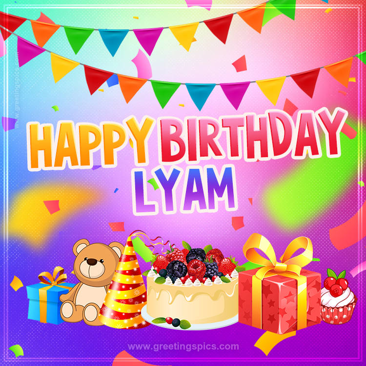 Bright card with Wishes for a Happy Birthday for Lyam (square shape image)