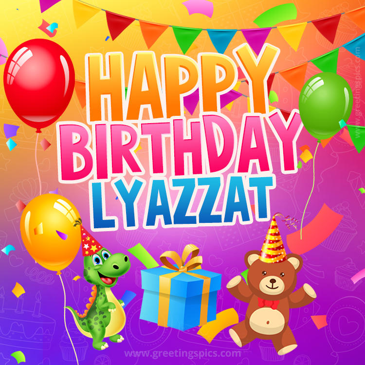 Happy Birthday Lyazzat Image for a child with cute dinosaur and bear (square shape image)