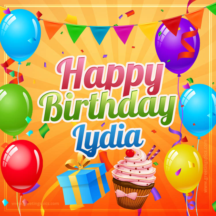 Happy Birthday Lydia eCard with gift box and cupcake (square shape image)