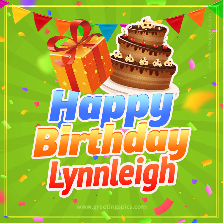 Happy Birthday Lynnleigh picture with flags, chocolate cake and gift box (square shape image)