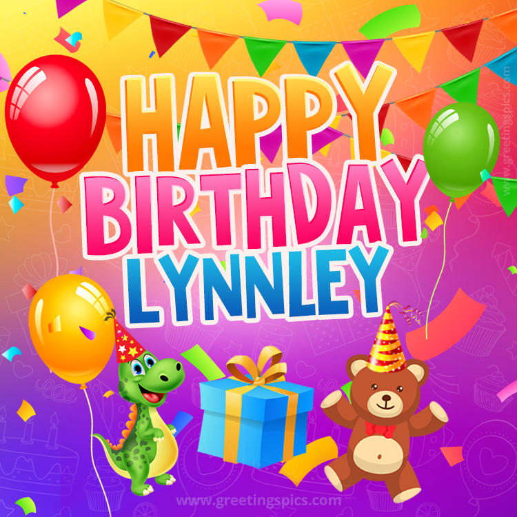 Happy Birthday Lynnley Image for a child with cute dinosaur and bear (square shape image)