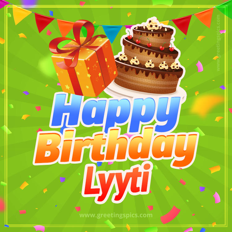 Happy Birthday Lyyti picture with flags, chocolate cake and gift box (square shape image)