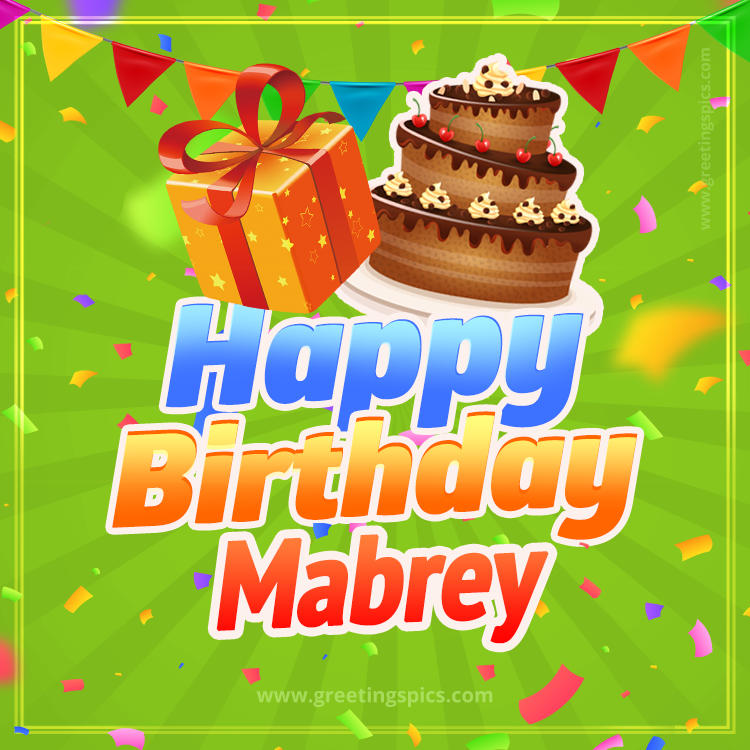 Happy Birthday Mabrey picture with flags, chocolate cake and gift box (square shape image)