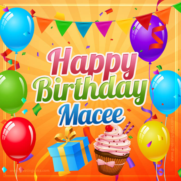 Happy Birthday Macee eCard with gift box and cupcake (square shape image)