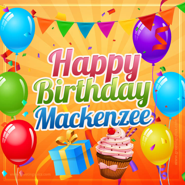 Happy Birthday Mackenzee eCard with gift box and cupcake (square shape image)