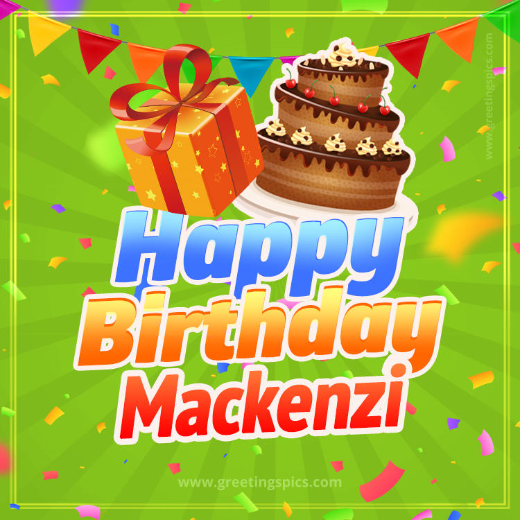 Happy Birthday Mackenzi picture with flags, chocolate cake and gift box (square shape image)