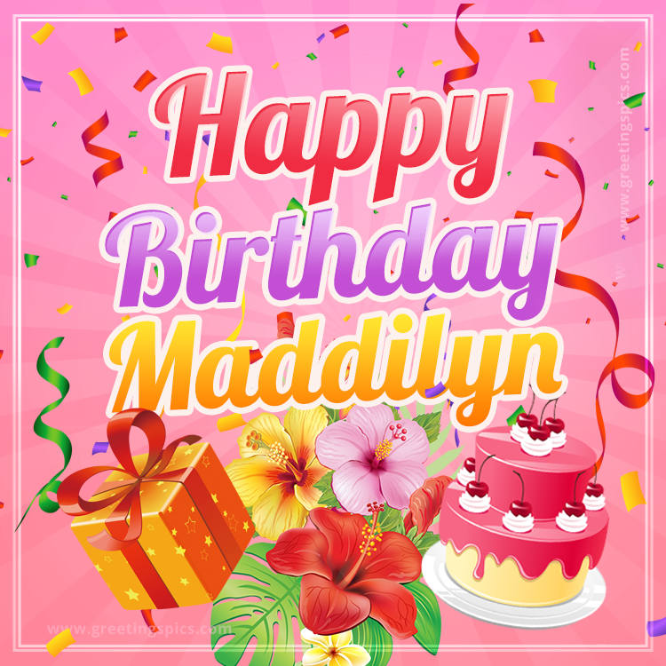 Beautiful Birthday Card for Maddilyn with Cake and bouquet of flowers (square shape image)