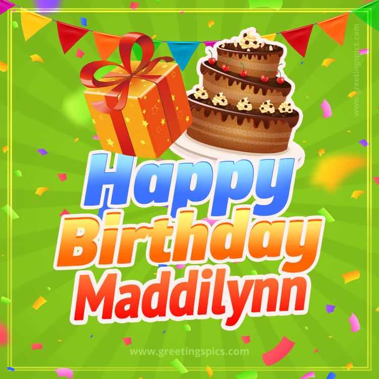 Happy Birthday Maddilynn picture with flags, chocolate cake and gift box (square shape image)