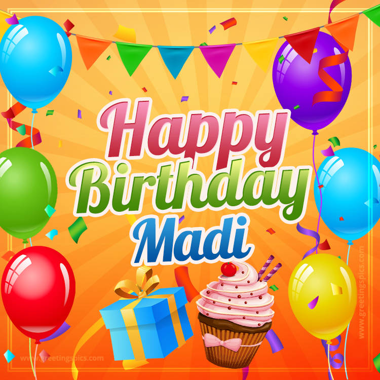 Happy Birthday Madi eCard with gift box and cupcake (square shape image)