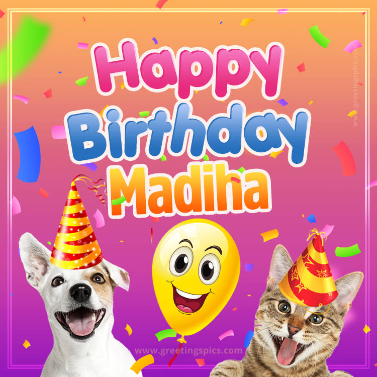 Happy Birthday Madiha Funny Image with cat and dog (square shape image)