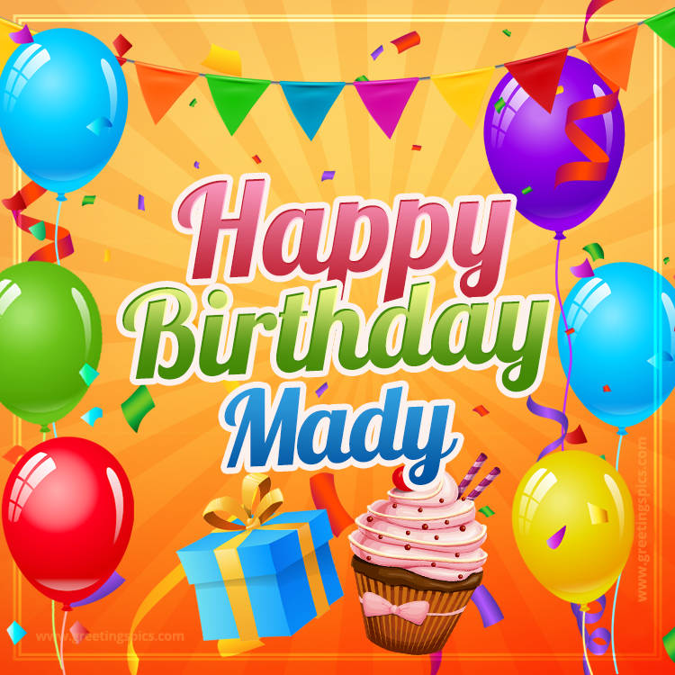 Happy Birthday Mady eCard with gift box and cupcake (square shape image)