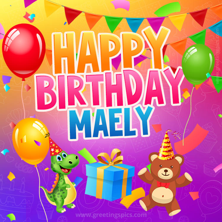 Happy Birthday Maely Image for a child with cute dinosaur and bear (square shape image)