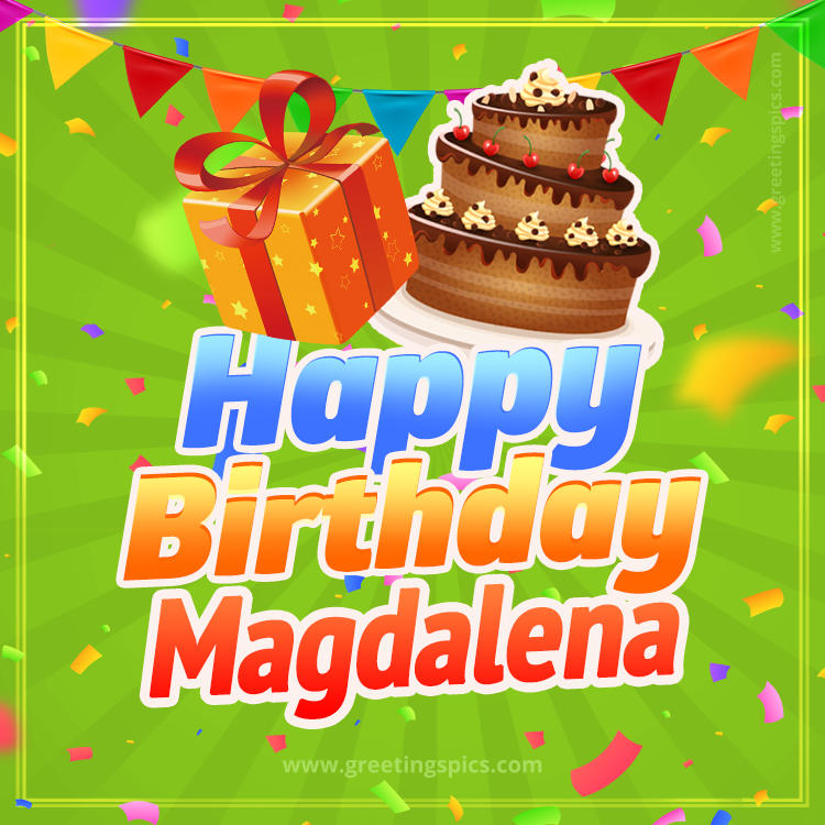 Happy Birthday Magdalena picture with flags, chocolate cake and gift box (square shape image)