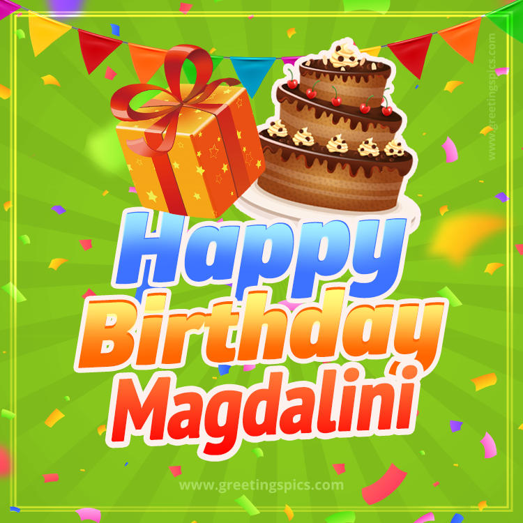 Happy Birthday Magdalini picture with flags, chocolate cake and gift box (square shape image)