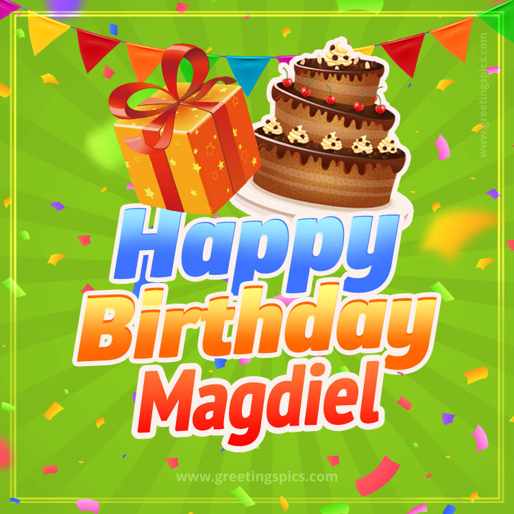 Happy Birthday Magdiel picture with flags, chocolate cake and gift box (square shape image)